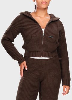 Heavyweight Knitted Zip Hoodie - Brown