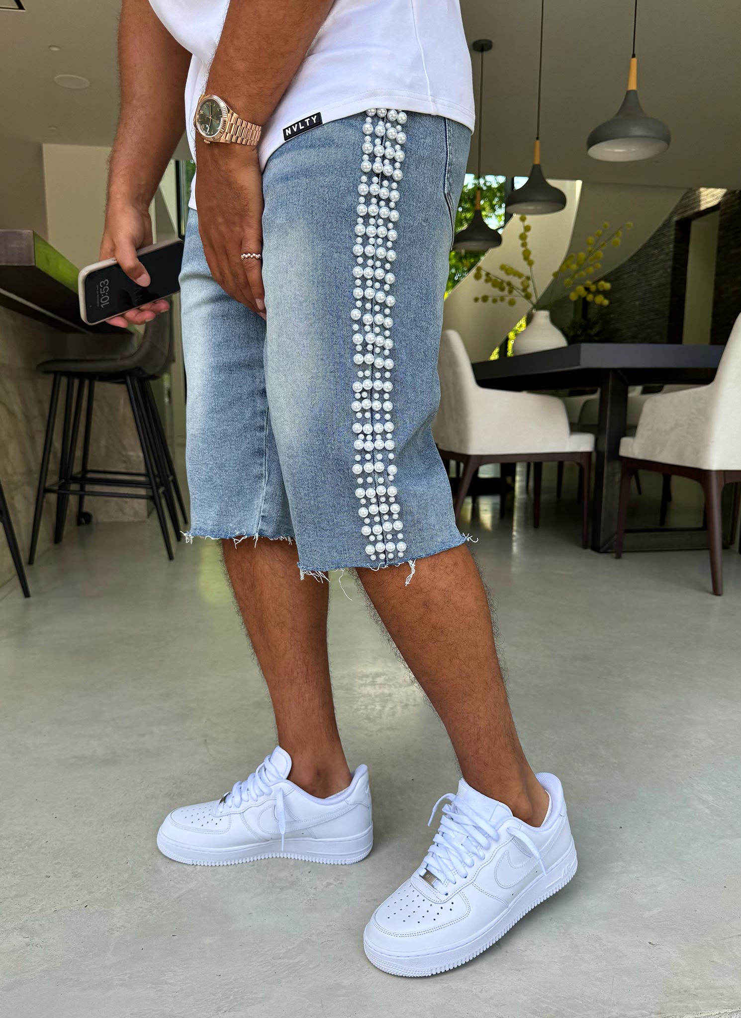 Vintage Pearl Denim Shorts - Blue