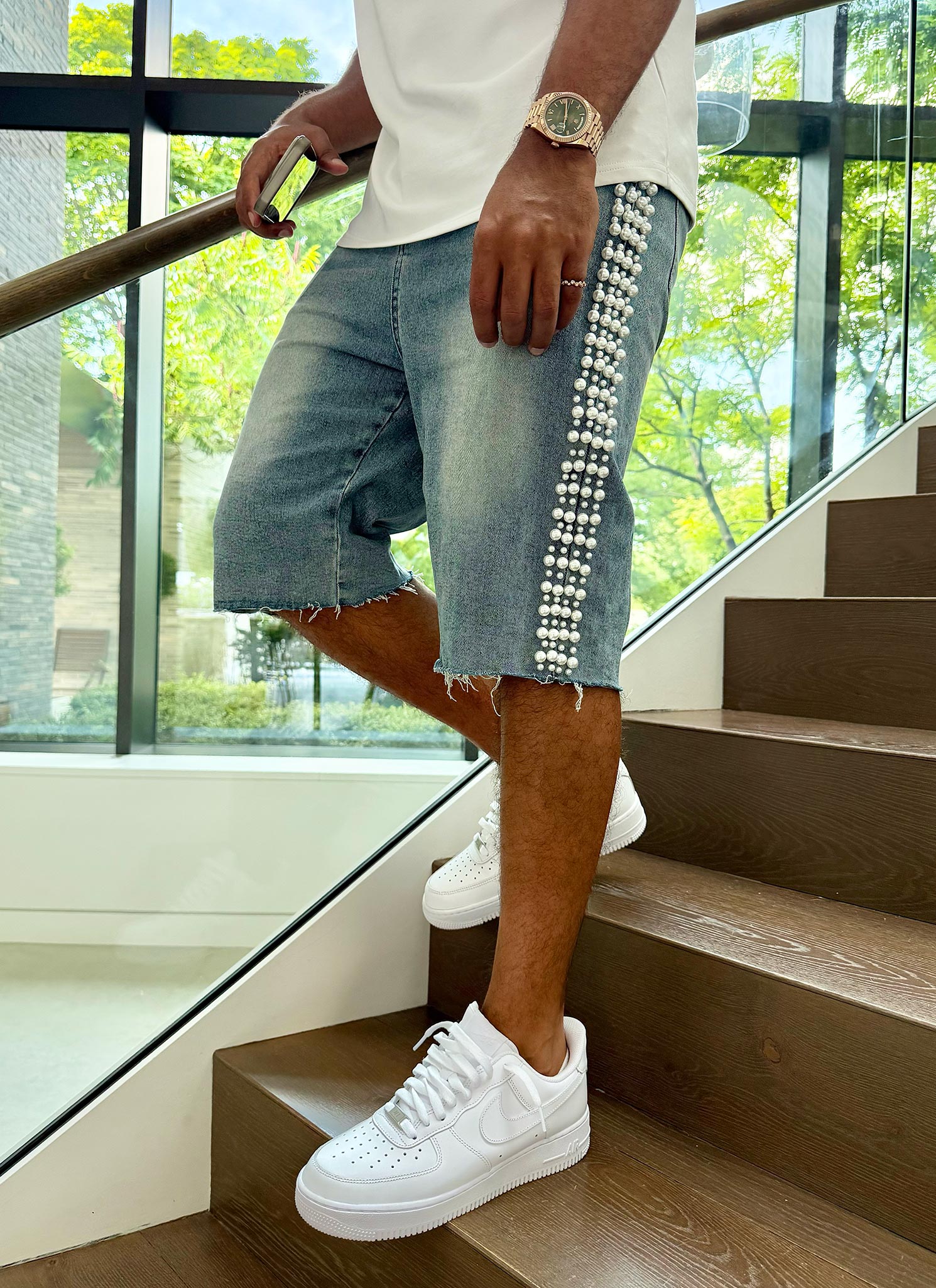 Vintage Pearl Denim Shorts - Blue