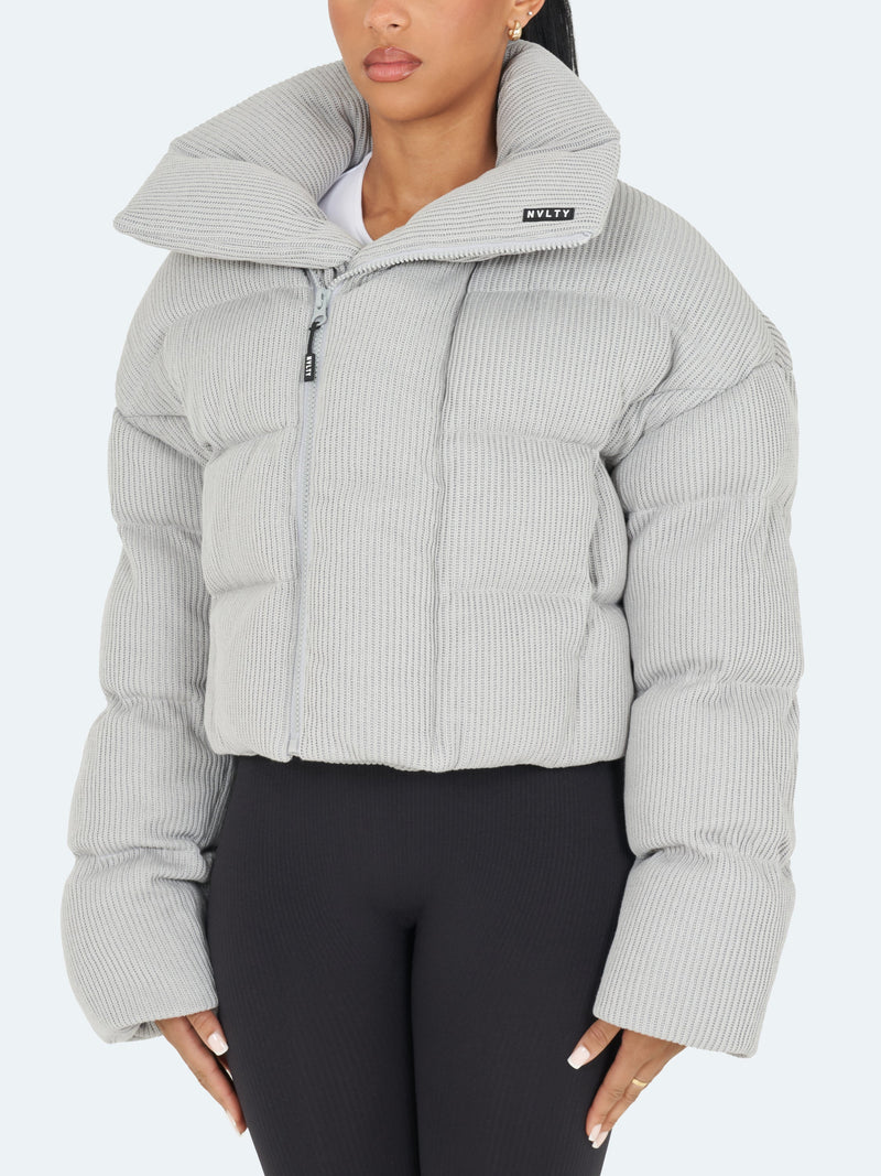 Knit Shawl Collar Puffer Jacket - Grey