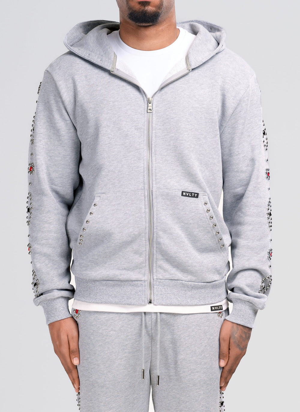 Vintage Studded Zip Hoodie - Grey