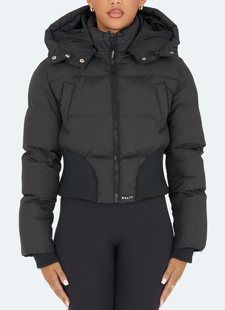 Cinched Waist Puffer Jacket - Black