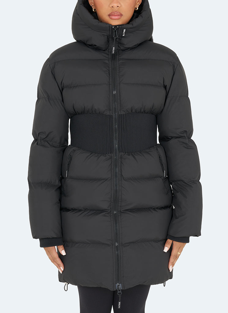 Long Cinched Waist Puffer Jacket - Black