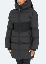 Long Cinched Waist Puffer Jacket - Black