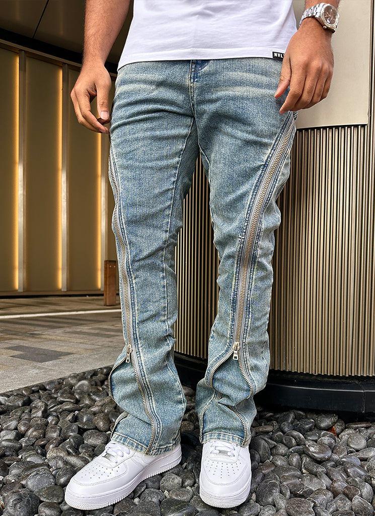 Vintage Flare Zipper Jeans - Blue