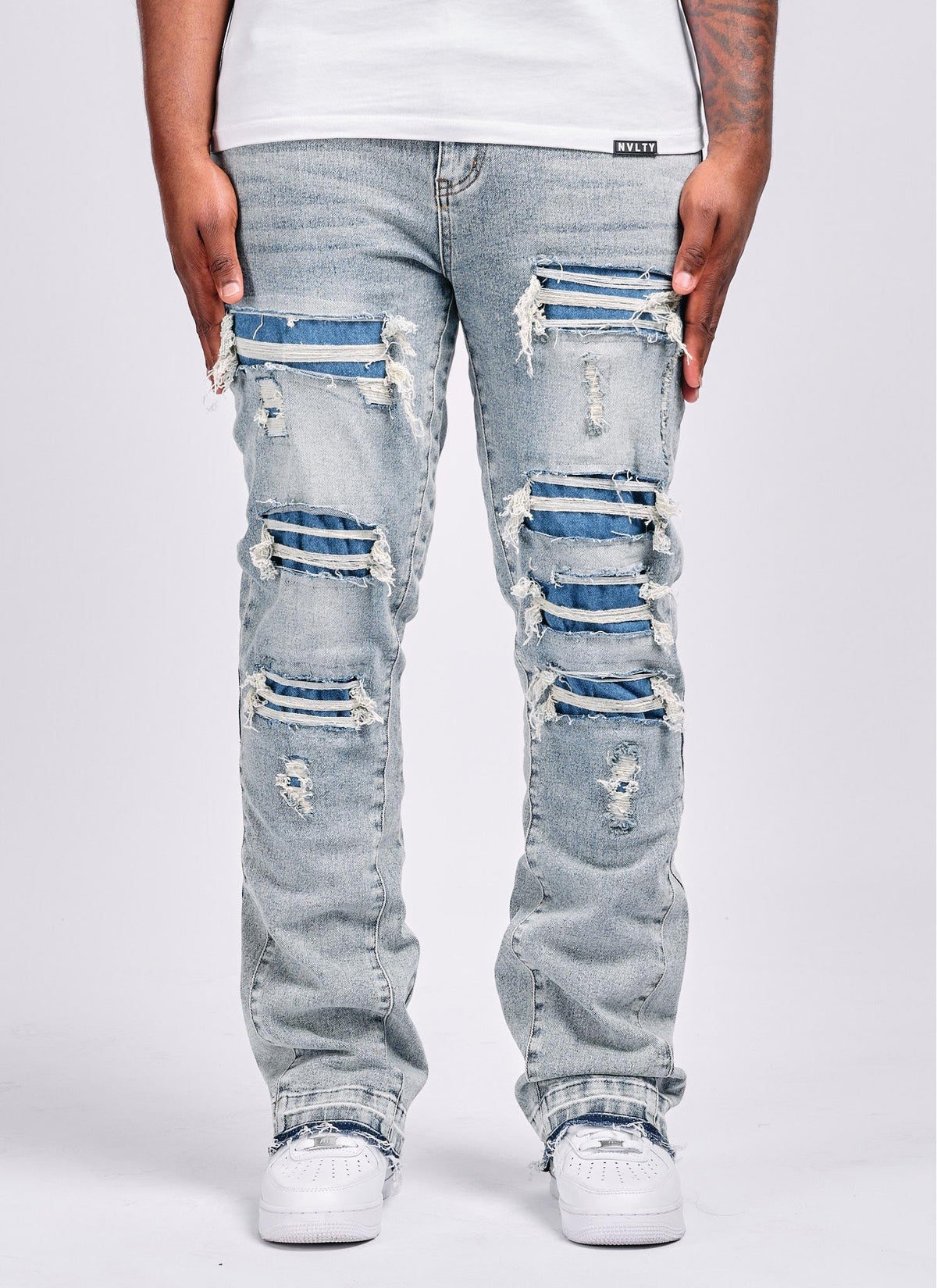 Vintage Flare Ripped & Repaired Jeans - Blue