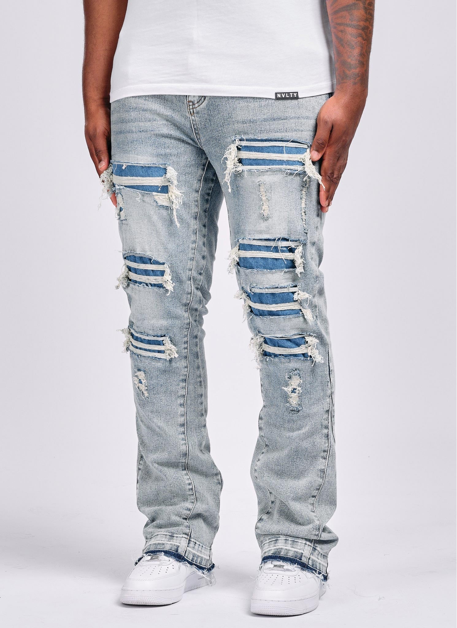 Vintage Flare Ripped & Repaired Jeans - Blue