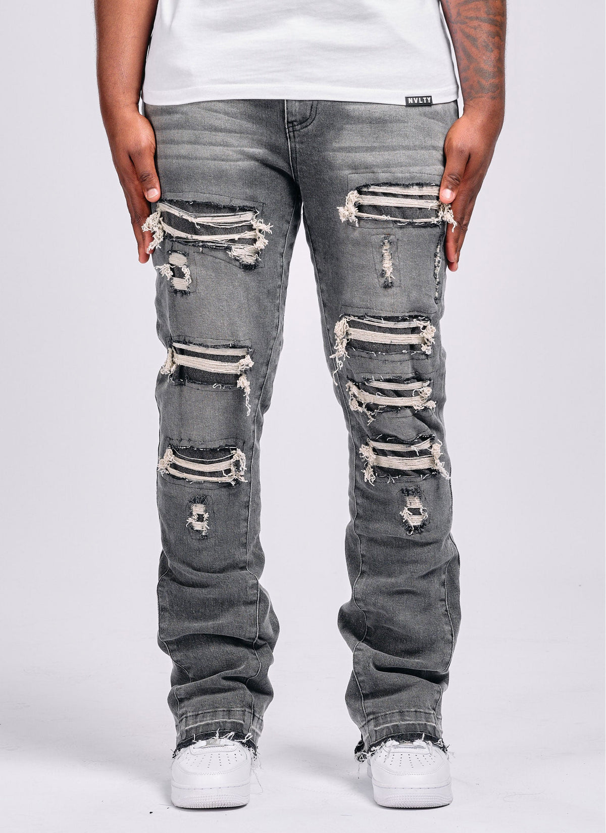 Vintage Flare Ripped & Repaired Jeans - Grey