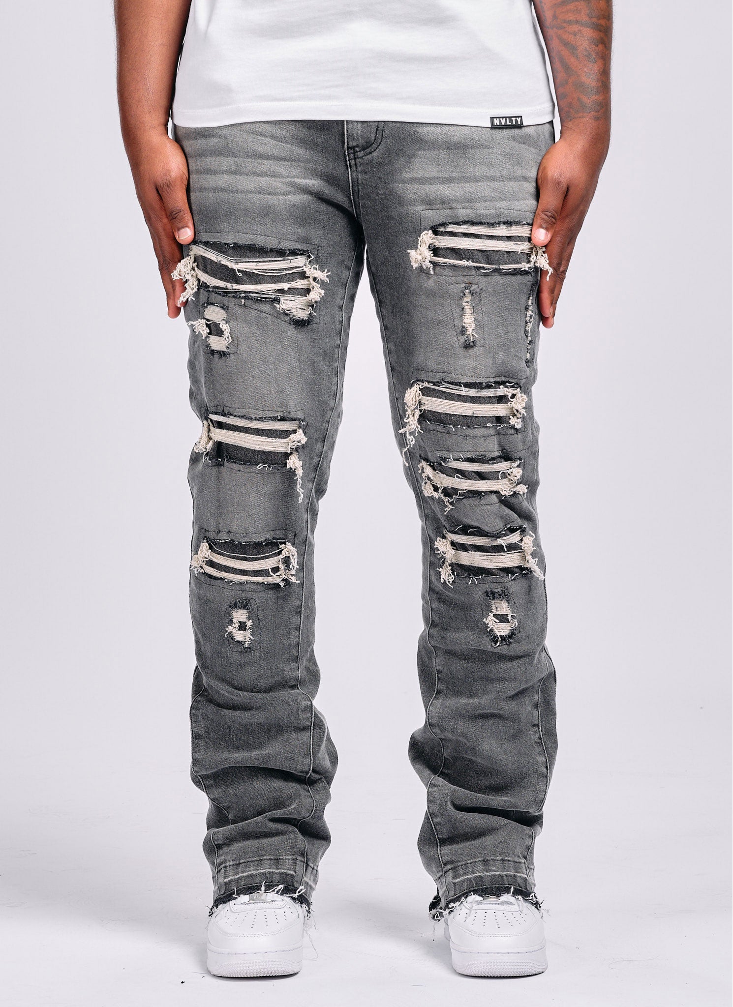 Vintage Flare Ripped & Repaired Jeans - Grey