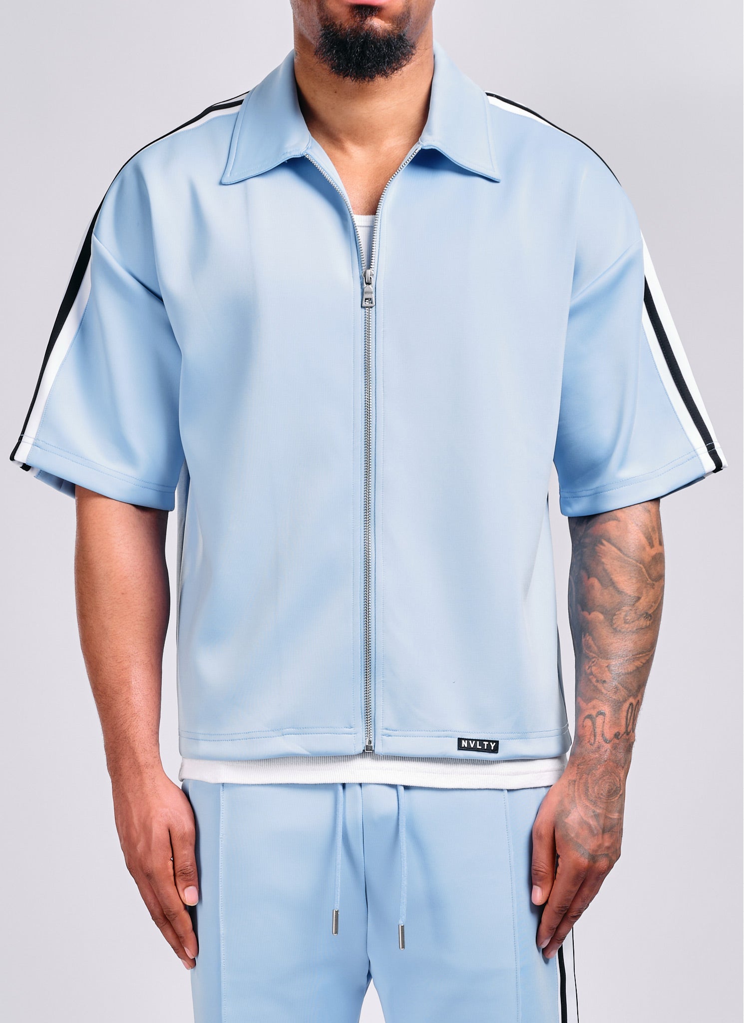 Panelled Luxe Track Shirt - Baby Blue