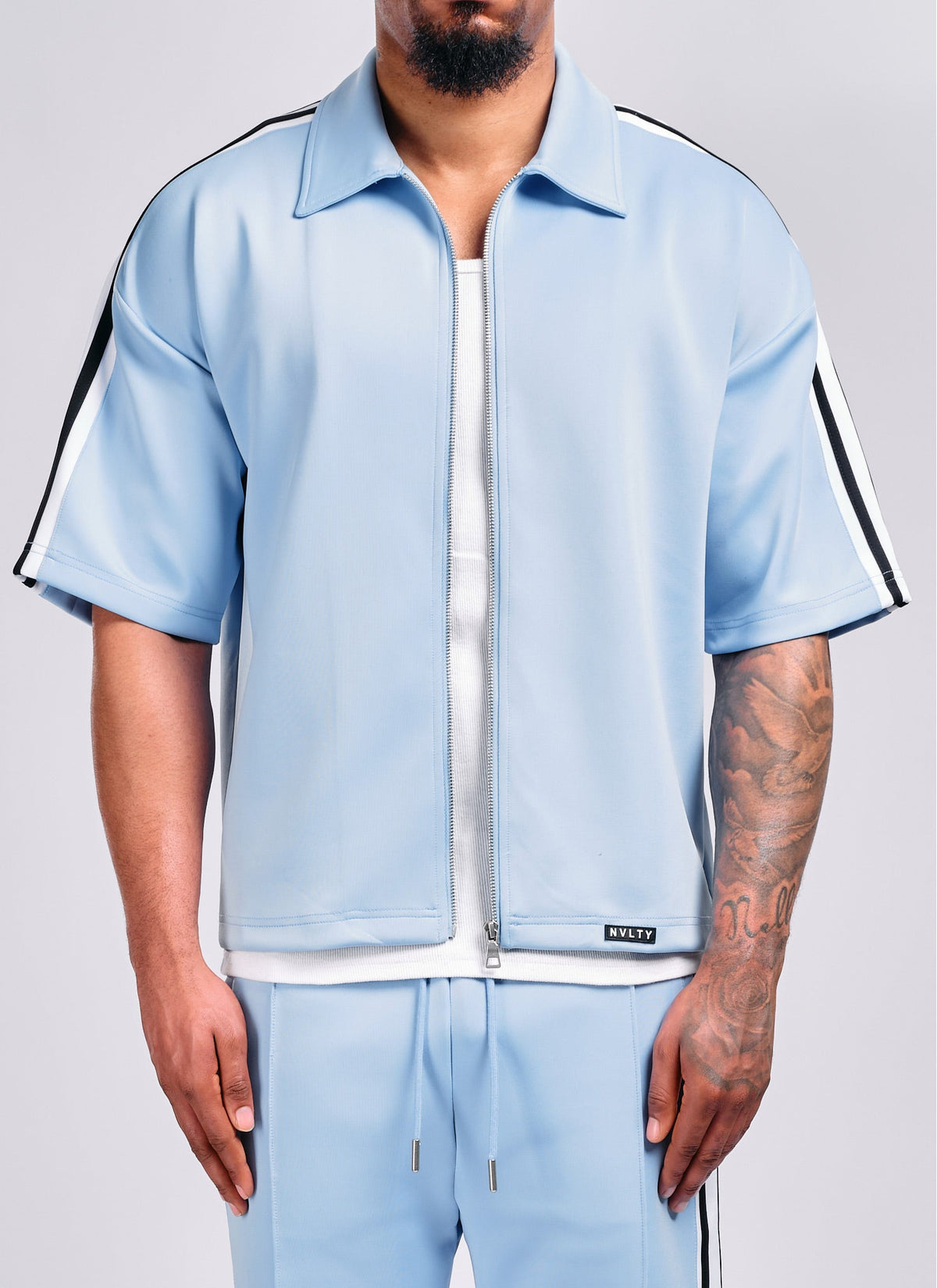 Panelled Luxe Track Shirt - Baby Blue