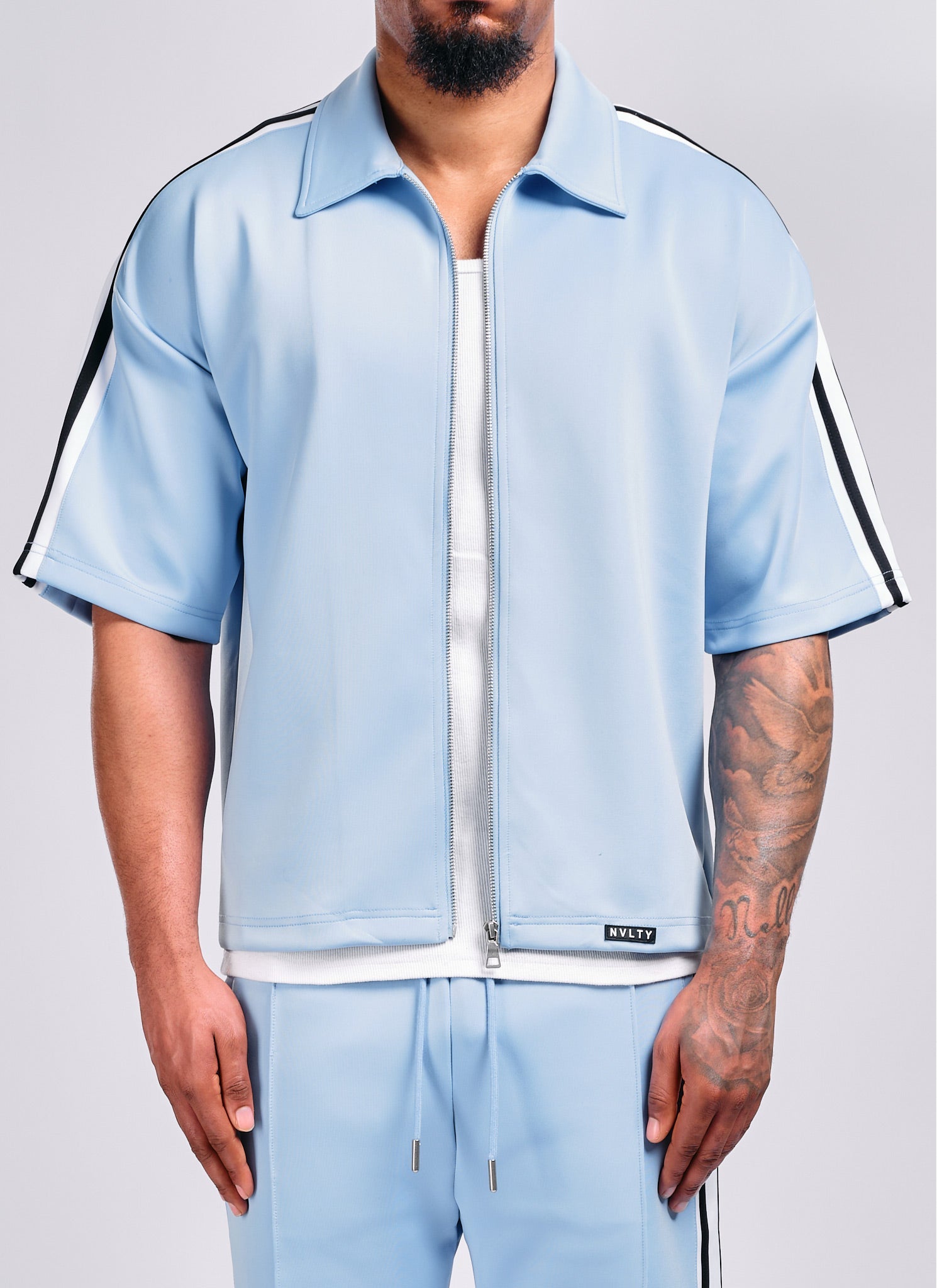Panelled Luxe Track Shirt - Baby Blue
