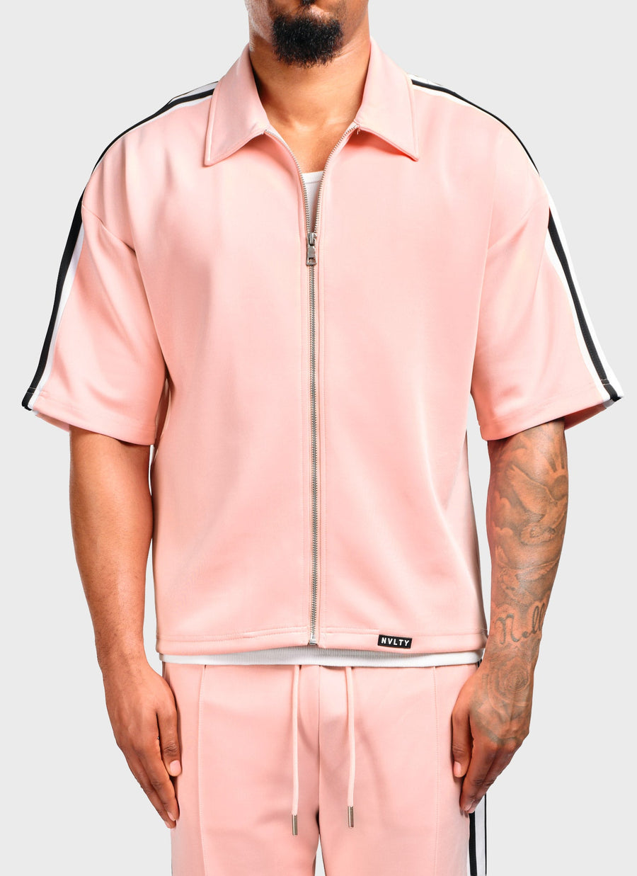 Panelled Luxe Track Shirt - Baby Pink