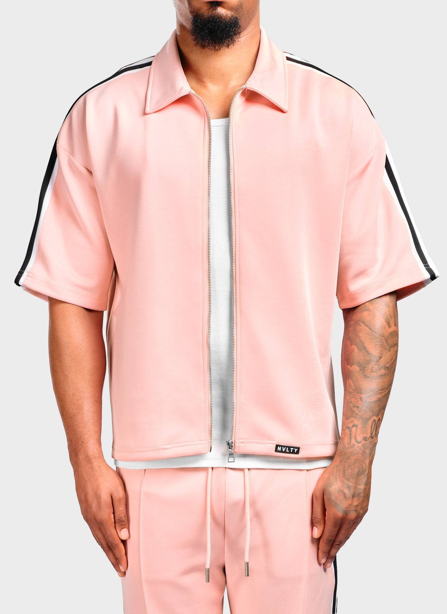 Panelled Luxe Track Shirt - Baby Pink