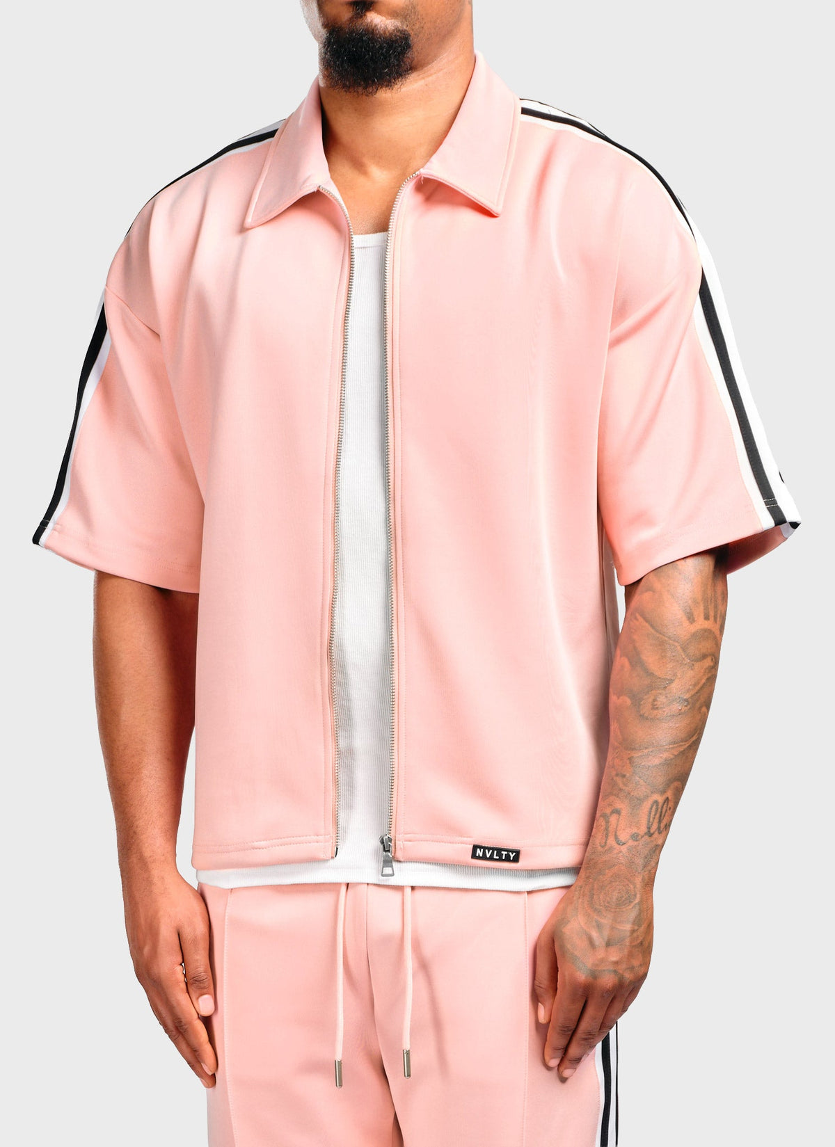 Panelled Luxe Track Shirt - Baby Pink
