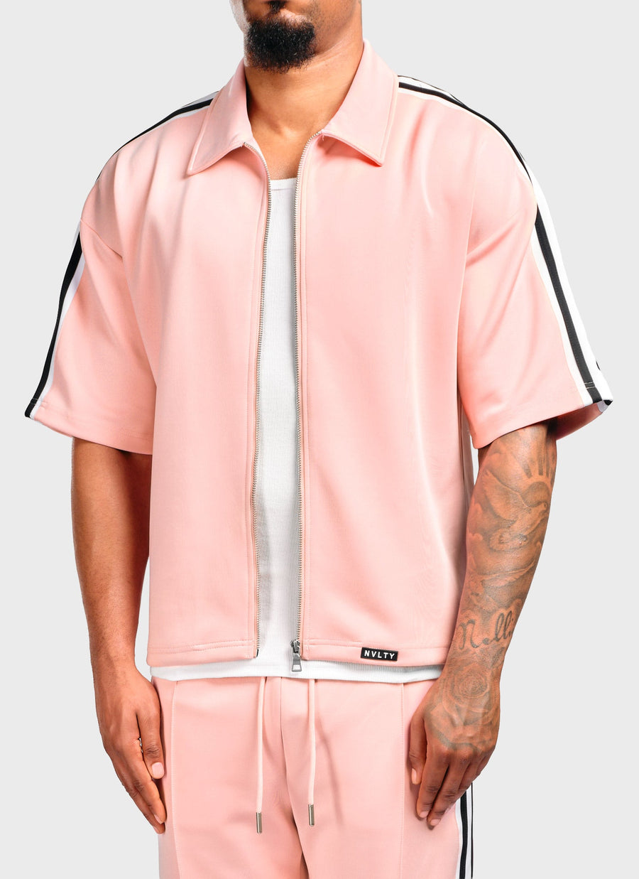 Panelled Luxe Track Shirt - Baby Pink