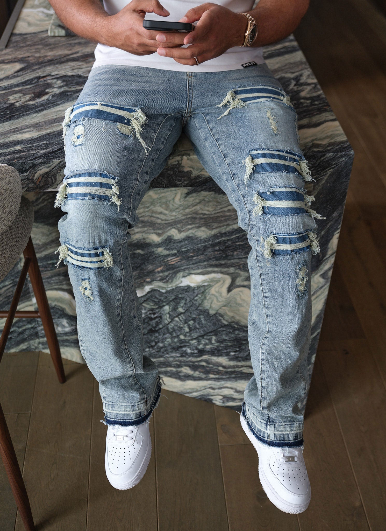 Vintage Flare Ripped & Repaired Jeans - Blue