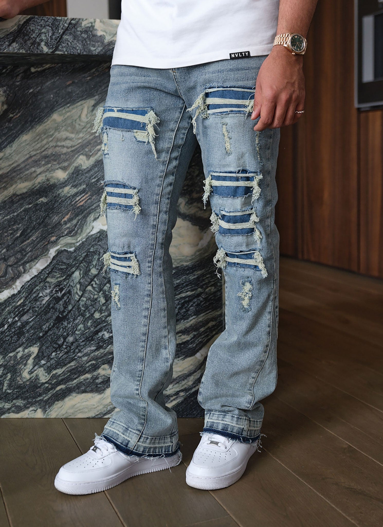 Vintage Flare Ripped & Repaired Jeans - Blue