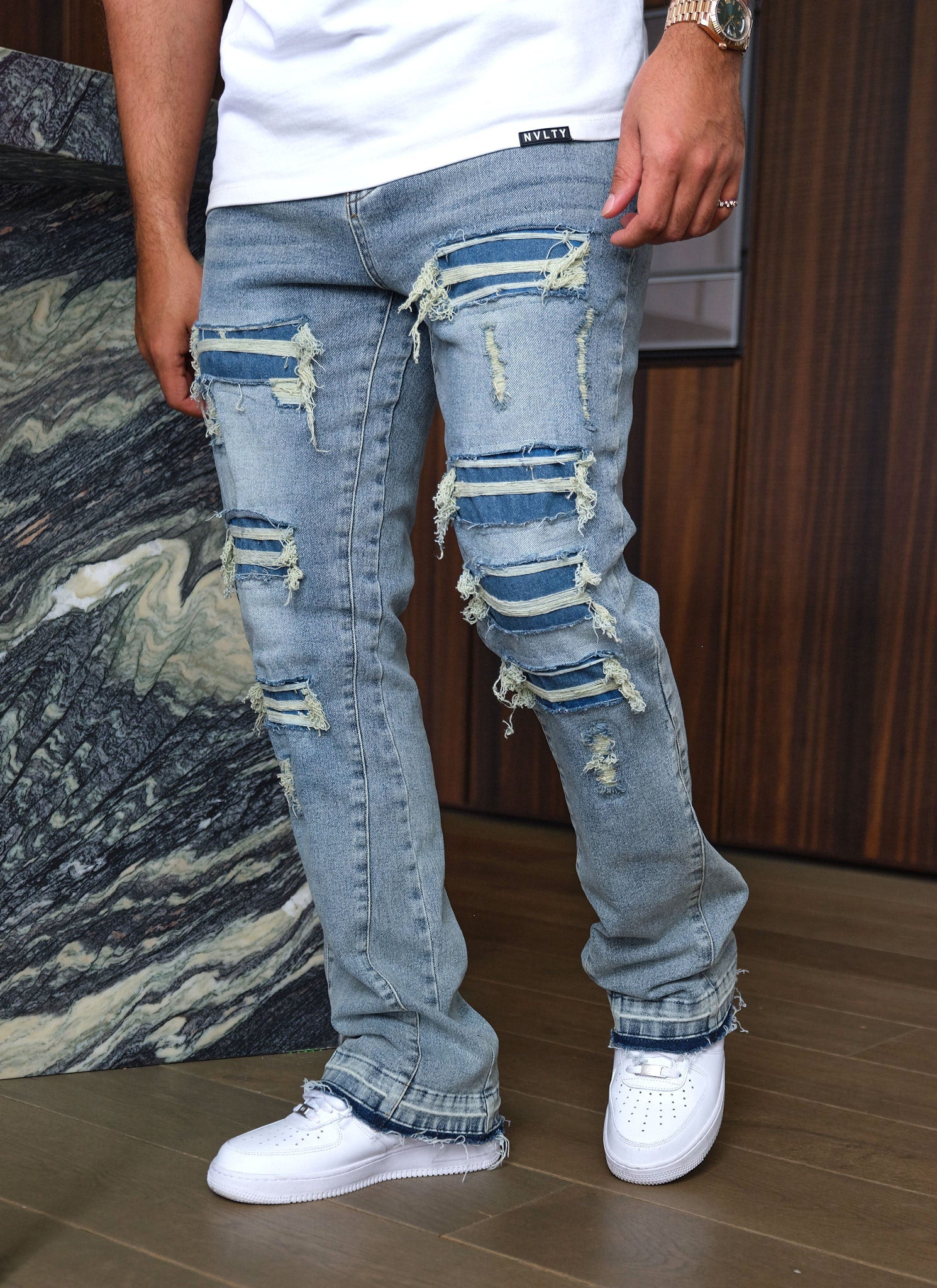 Vintage Flare Ripped & Repaired Jeans - Blue