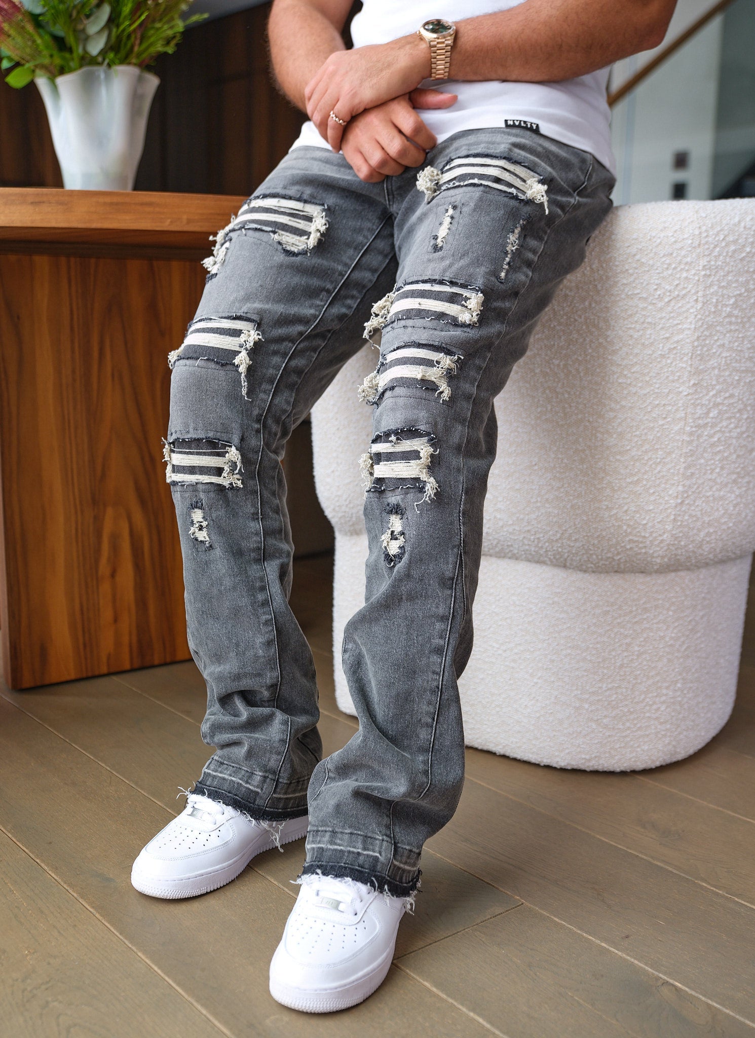 Vintage Flare Ripped & Repaired Jeans - Grey