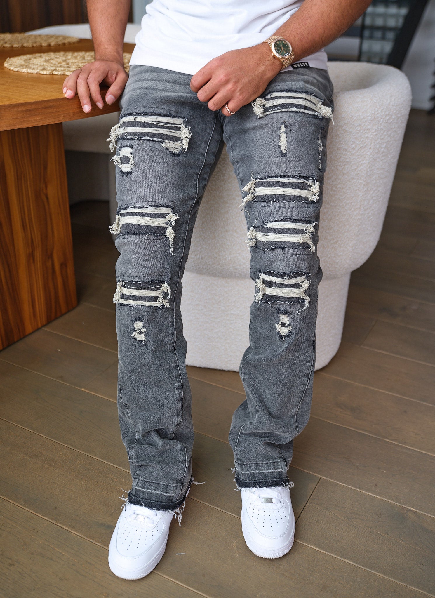 Vintage Flare Ripped & Repaired Jeans - Grey