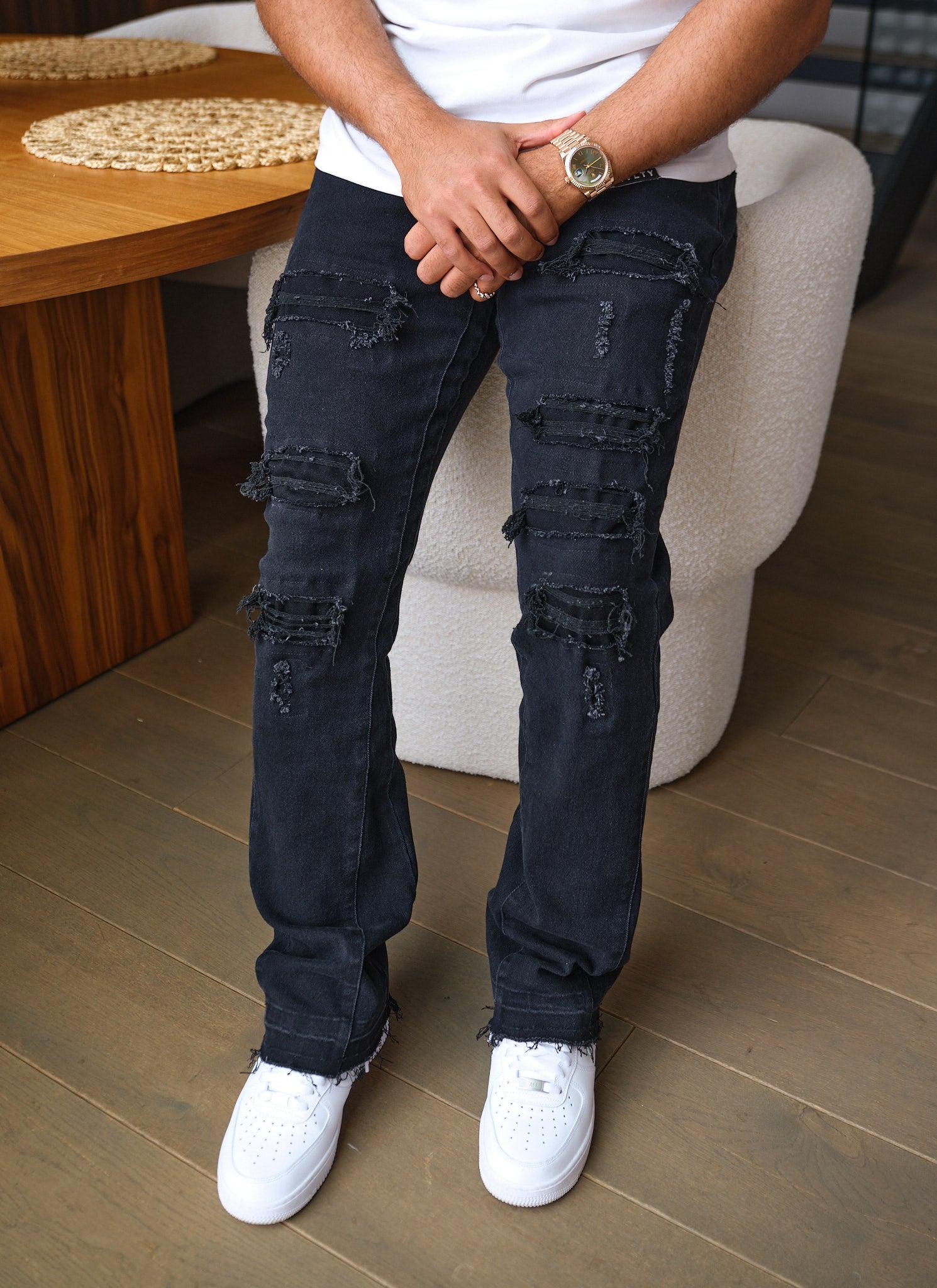 Vintage Flare Ripped & Repaired Jeans - Black