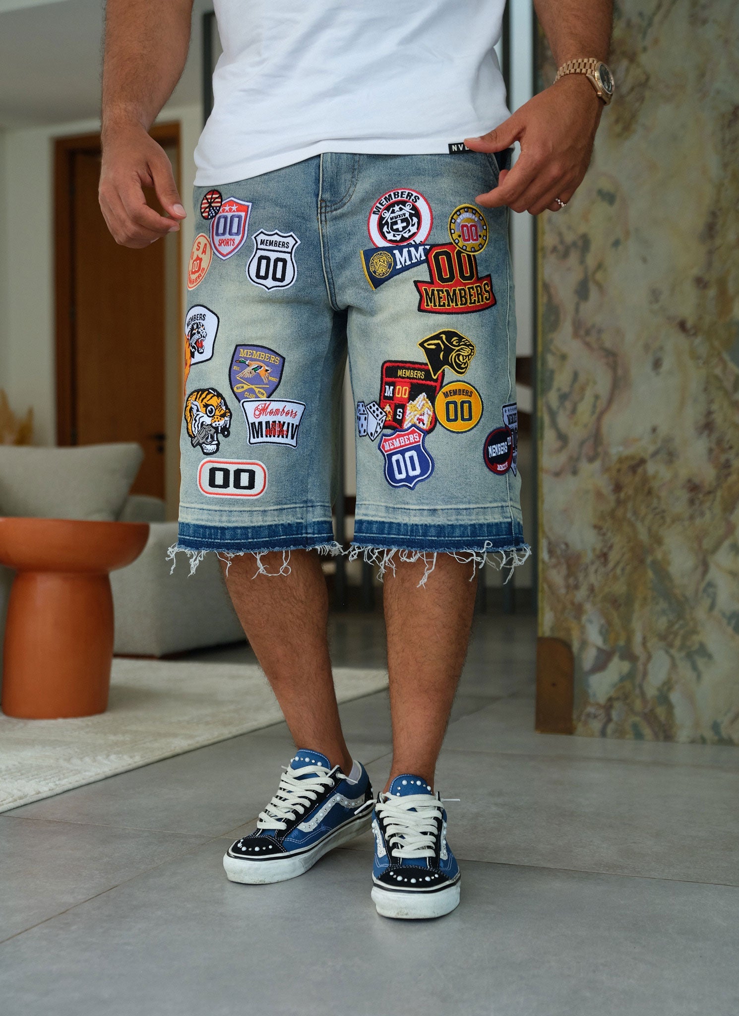 Vintage Patch Denim Shorts - Blue
