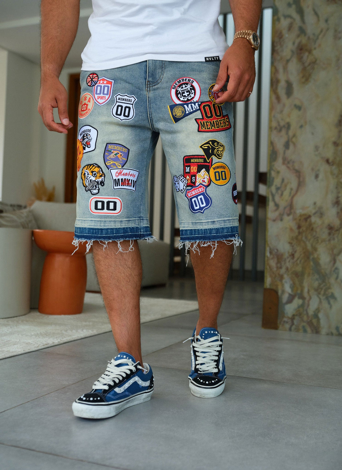 Vintage Patch Denim Shorts - Blue