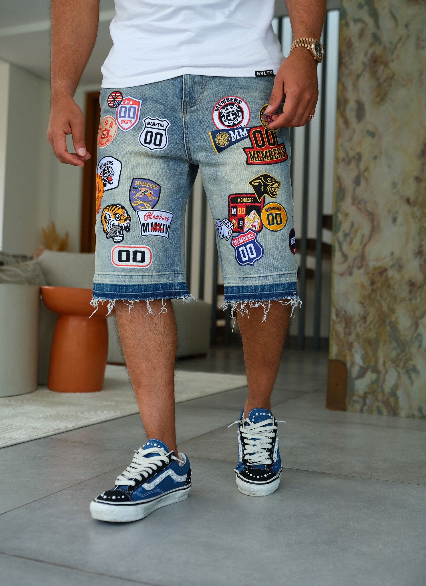 Vintage Patch Denim Shorts - Blue