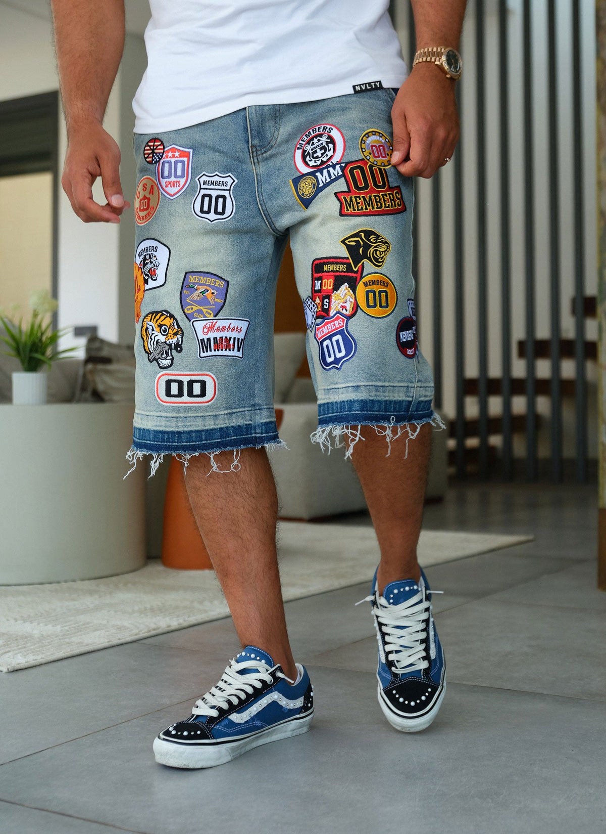 Vintage Patch Denim Shorts - Blue