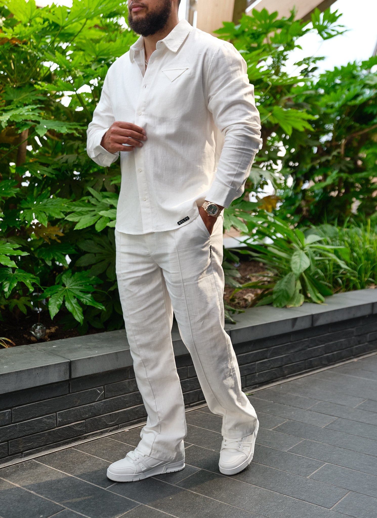 Linen Pocket Square Shirt - White