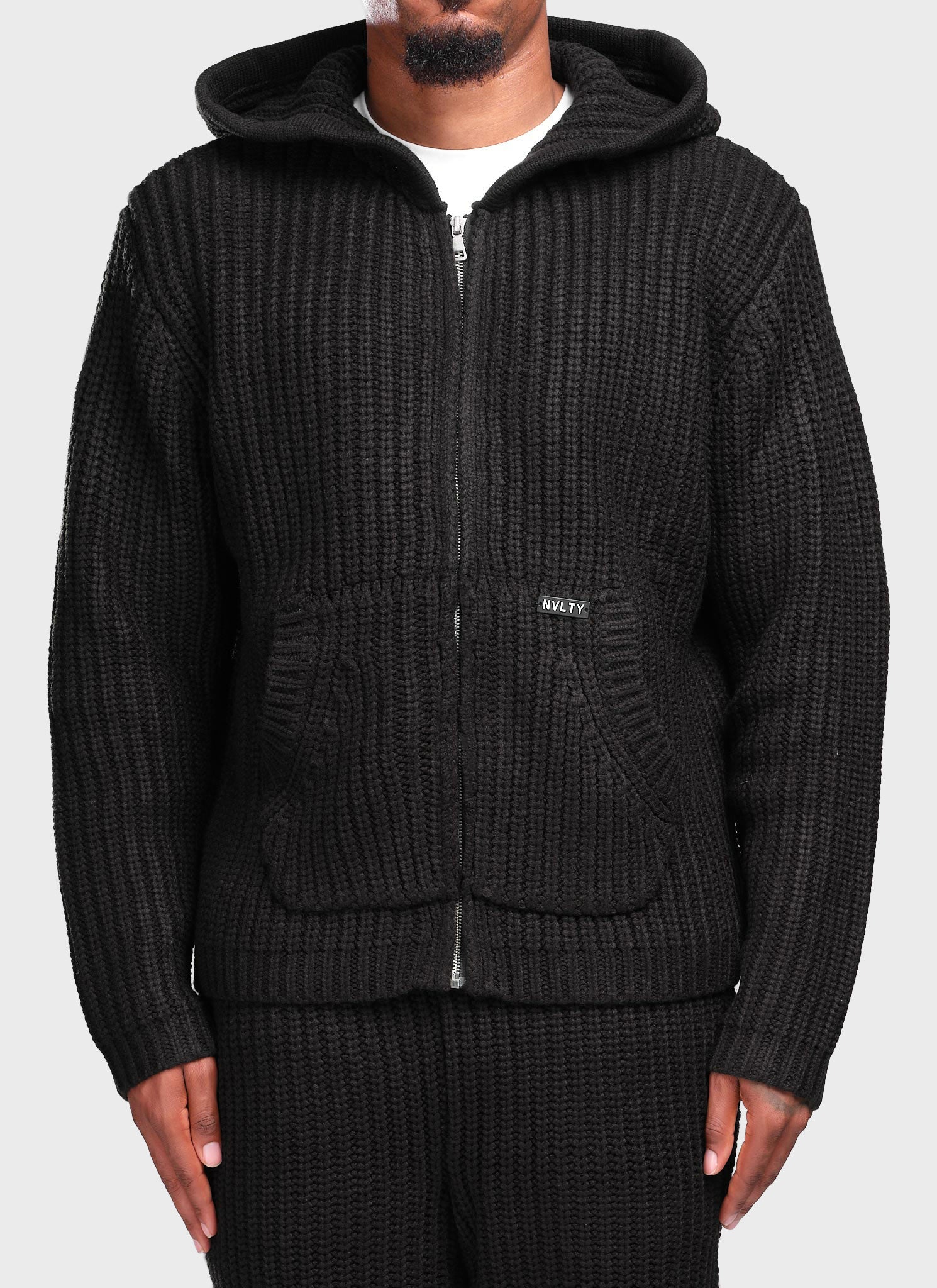 Heavyweight Knitted Zip Hoodie - Black
