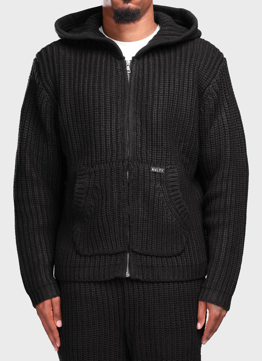 Heavyweight Knitted Zip Hoodie - Black