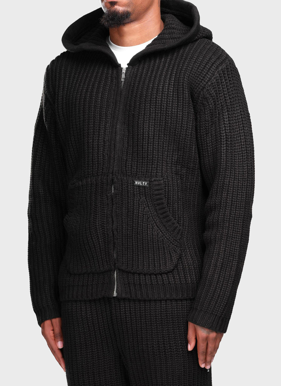 Heavyweight Knitted Zip Hoodie - Black