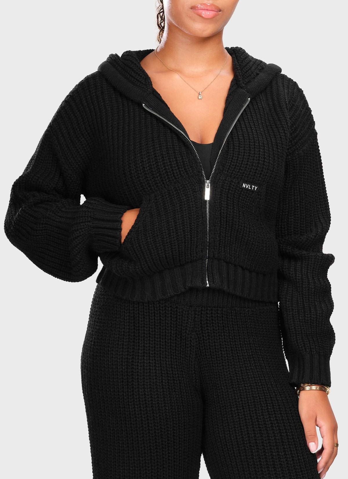 Heavyweight Knitted Zip Hoodie - Black