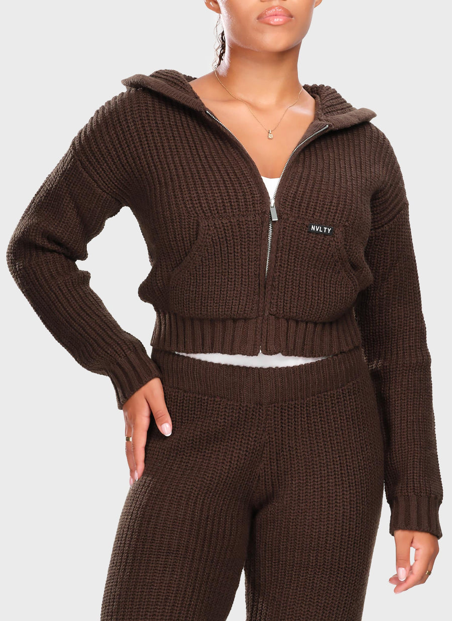 Heavyweight Knitted Zip Hoodie - Brown
