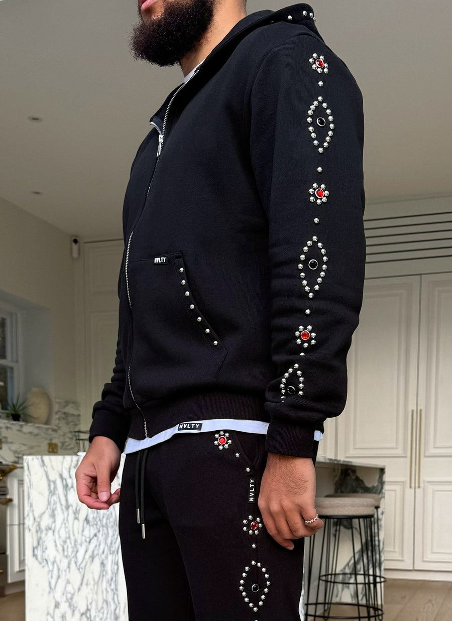 Vintage Studded Zip Hoodie - Black