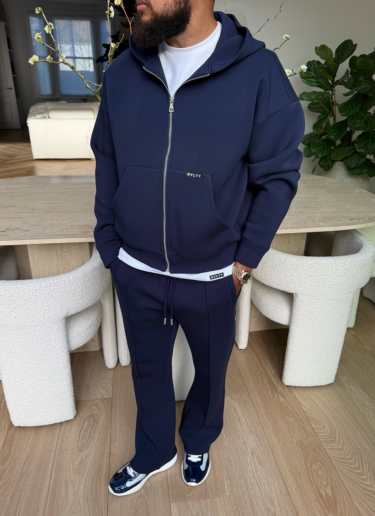 Scuba Structured Flare Pleat Joggers - Navy