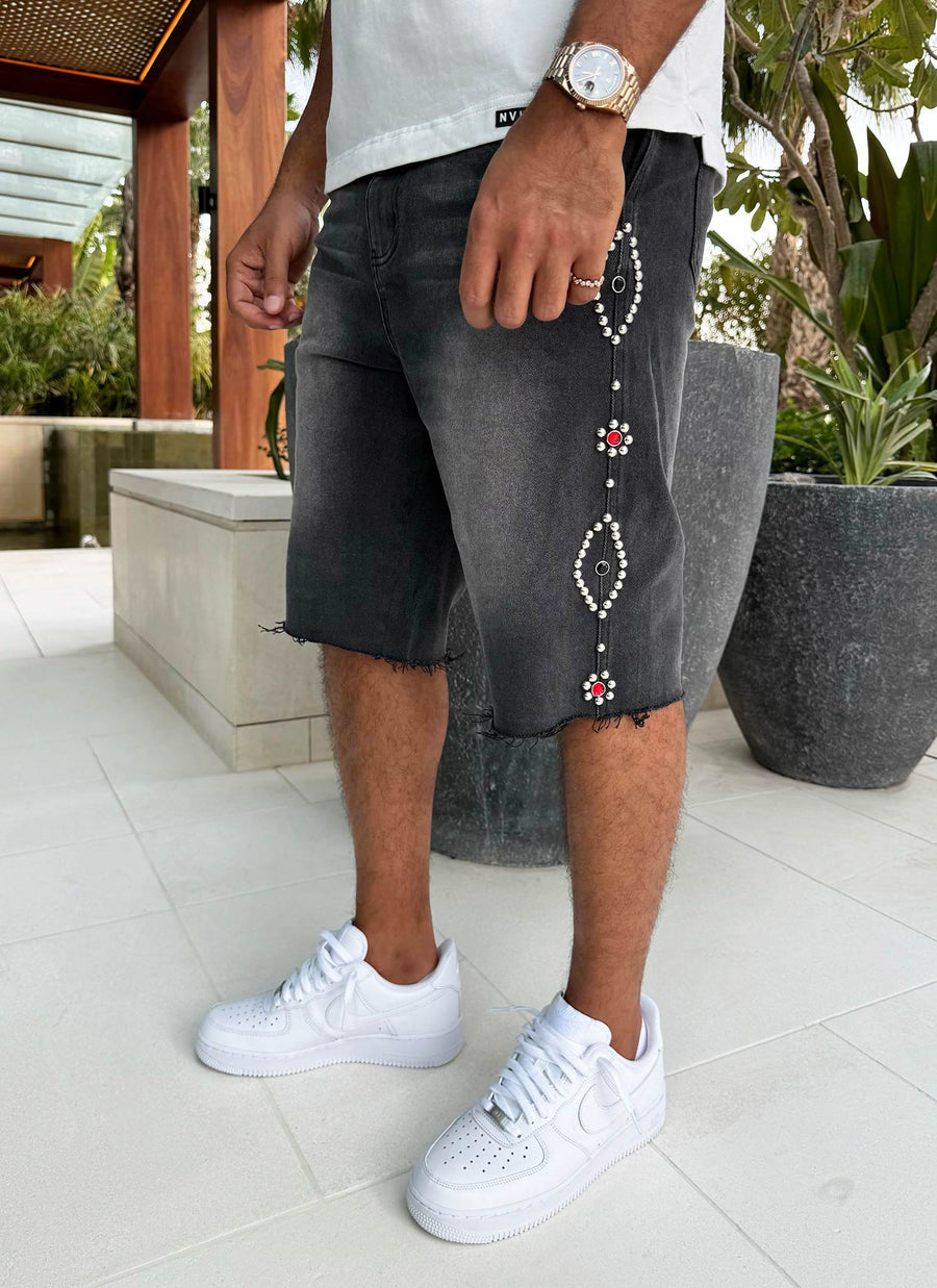 Vintage Studded Denim Shorts - Black