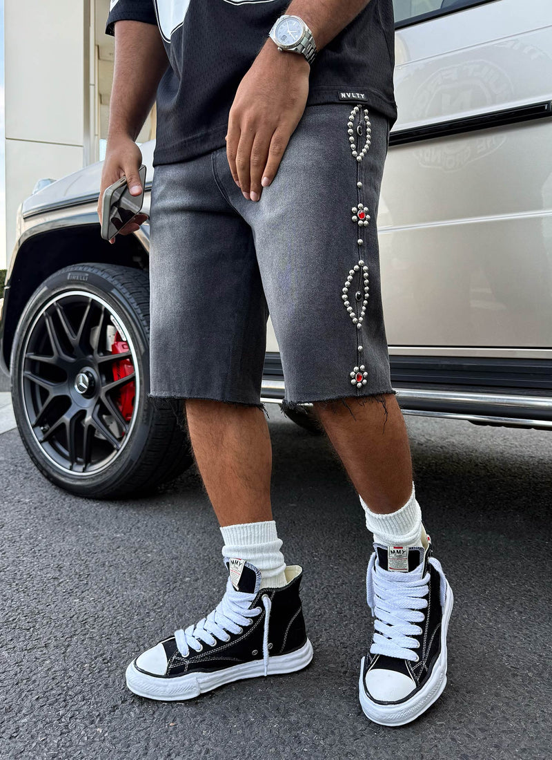 Vintage Studded Denim Shorts - Black