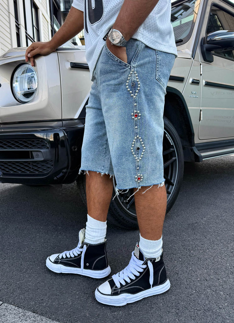 Vintage Studded Denim Shorts - Blue