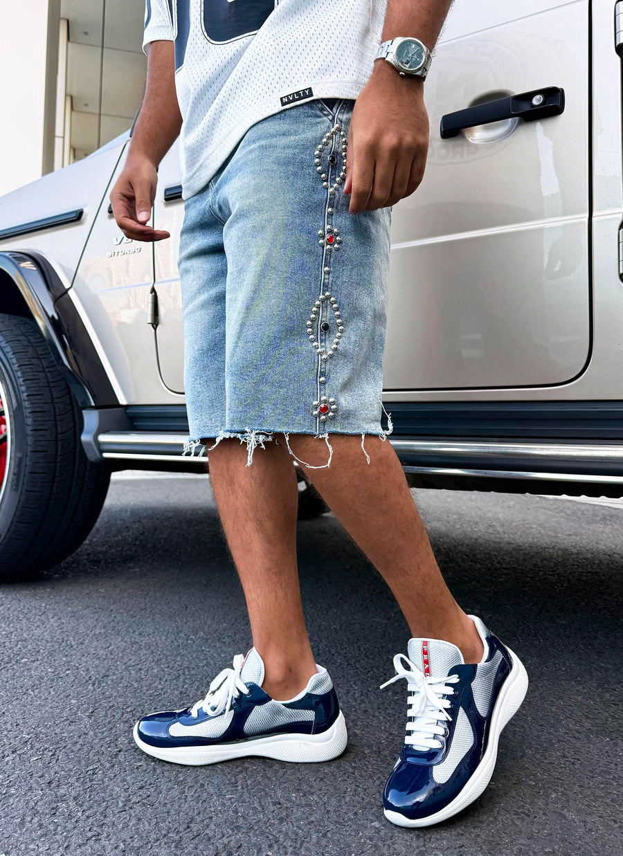 Vintage Studded Denim Shorts - Blue