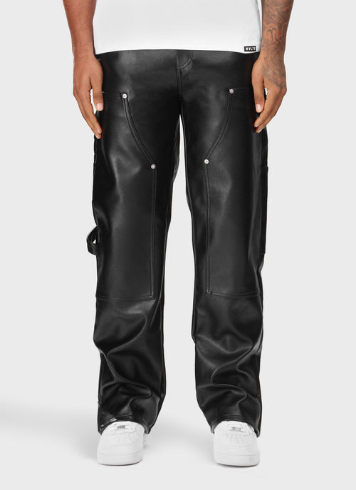 Leather Carpenter Rivet Pants - Black
