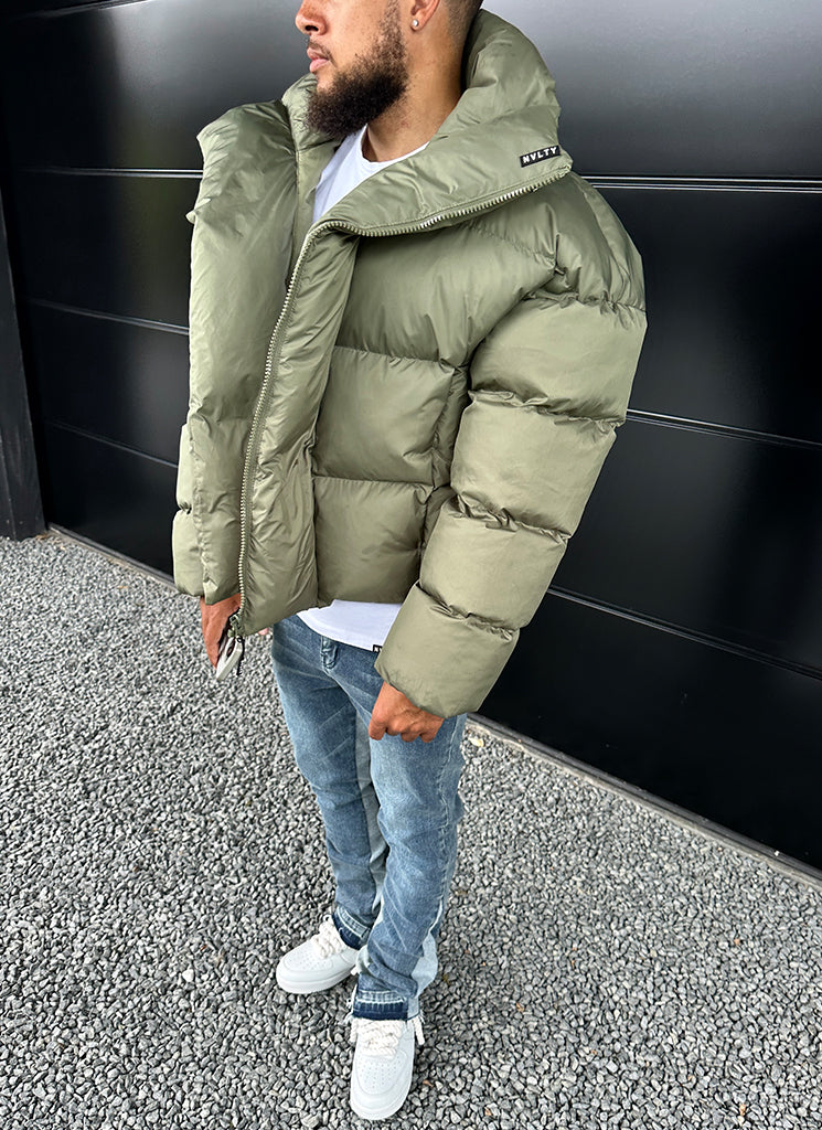 Vintage Shawl Collar Puffer Jacket - Khaki