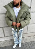 Vintage Shawl Collar Puffer Jacket - Khaki