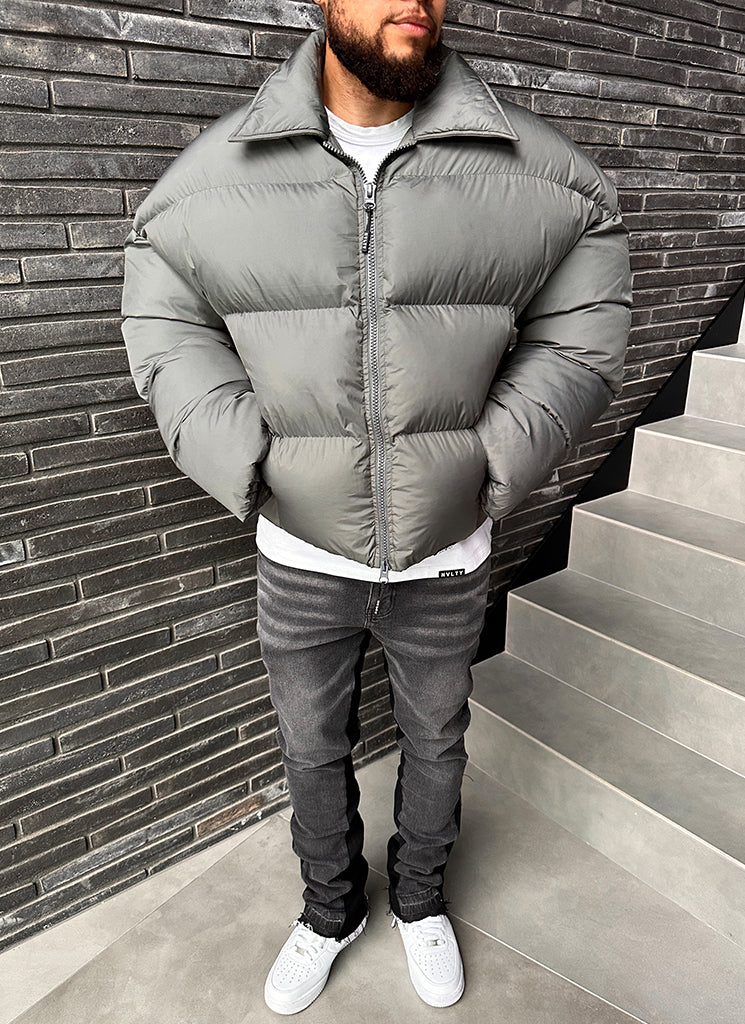 Vintage Zipper Collar Puffer Jacket - Grey