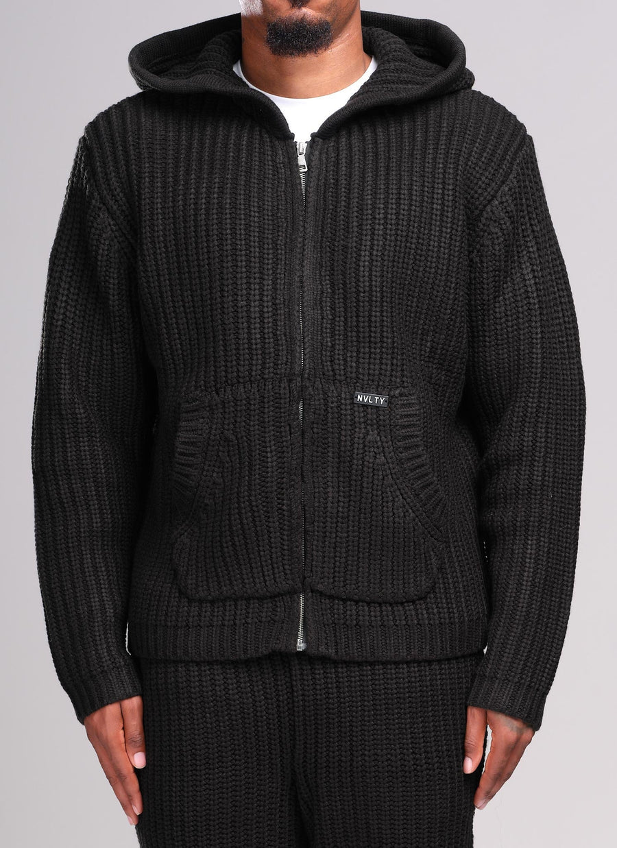 Heavyweight Knitted Zip Hoodie - Black