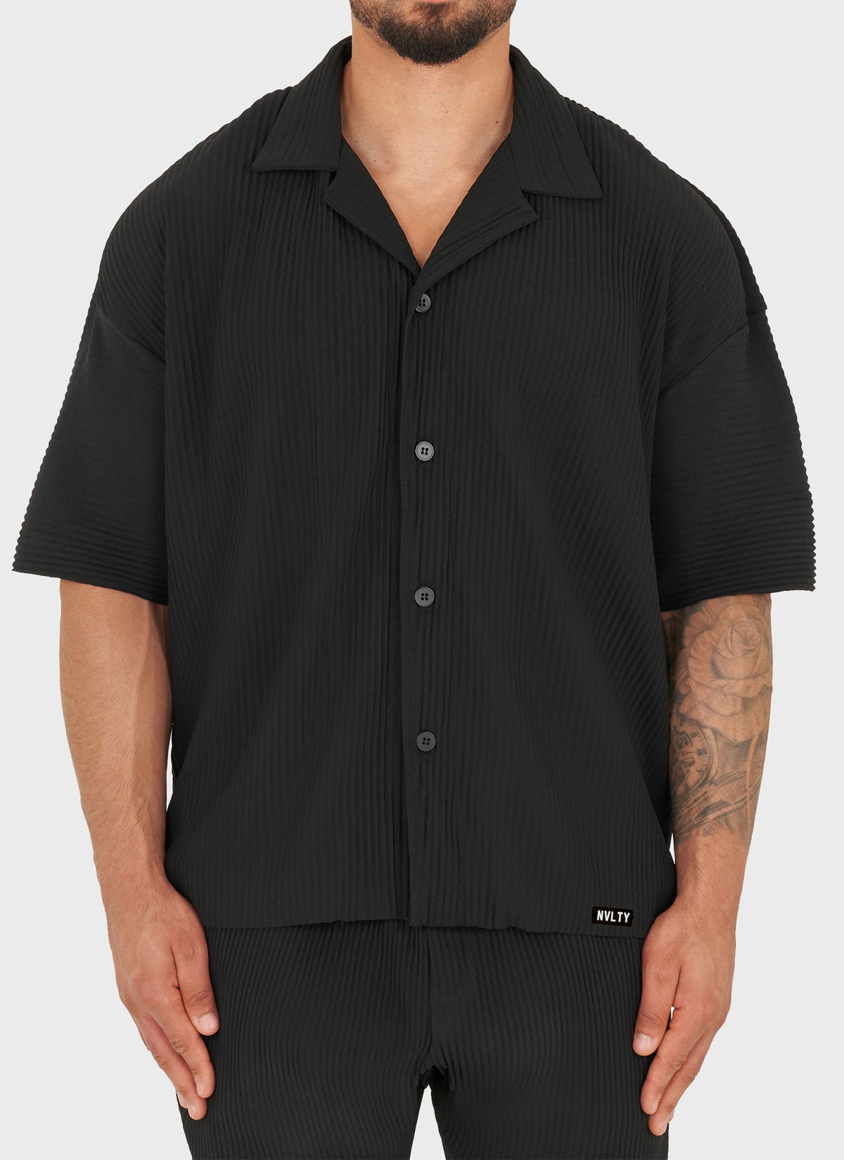 Pleated Drop Shoulder Shirt - Black