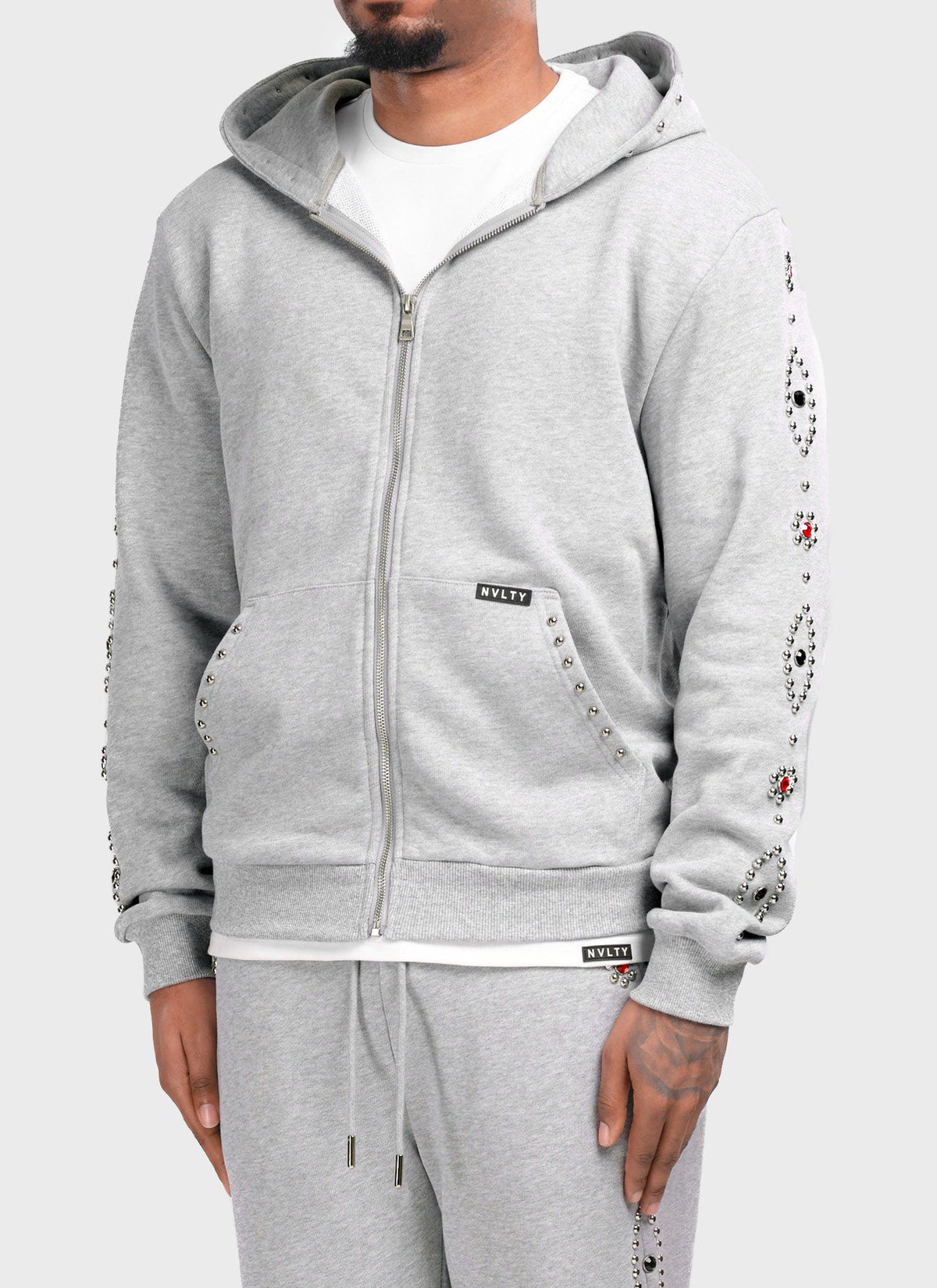 Vintage Studded Zip Hoodie - Grey