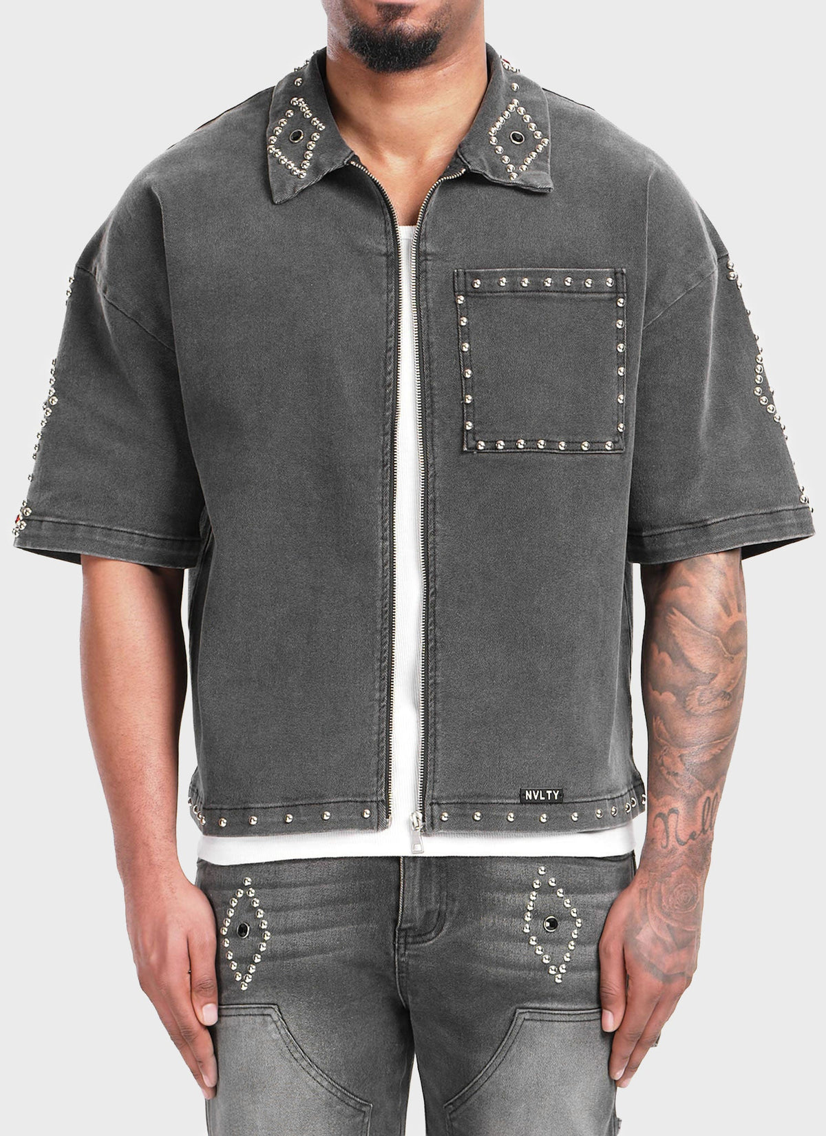 Vintage Studded Denim Shirt - Black